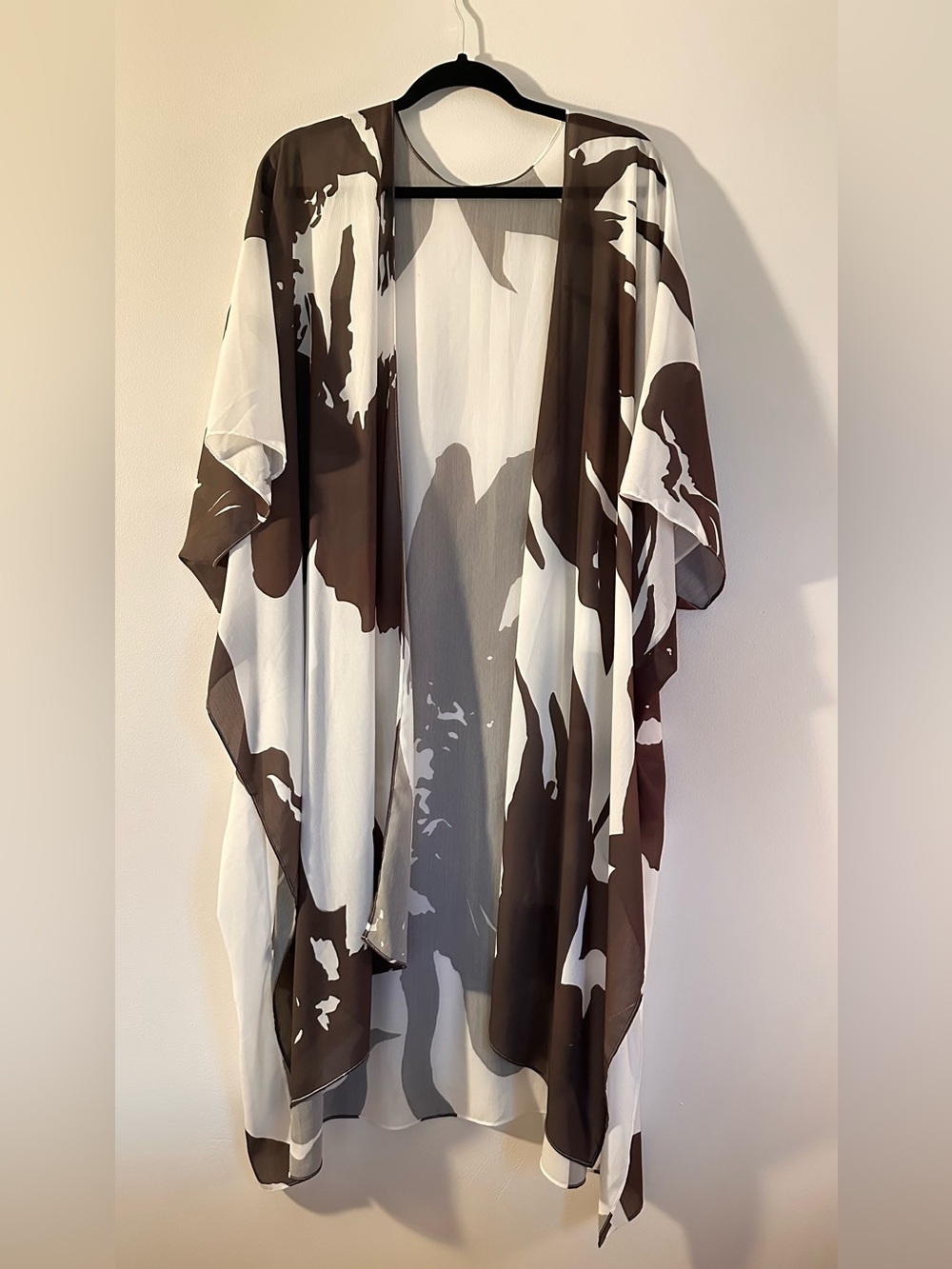 Brown & White Printed Kimono-Style Cover Up